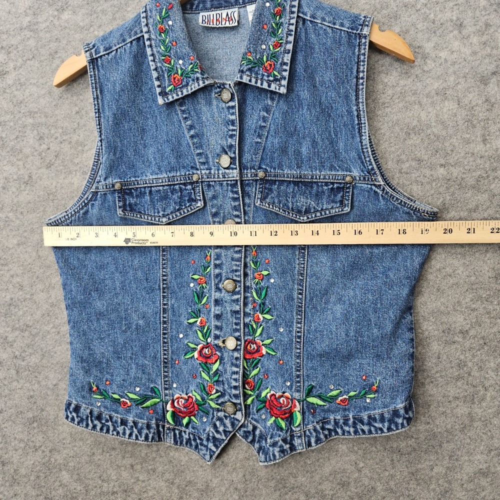 Bill Blass Denim Vest Women's Blue Medium Embroidered Floral Rose Rhinestone 90s - Picture 7 of 10